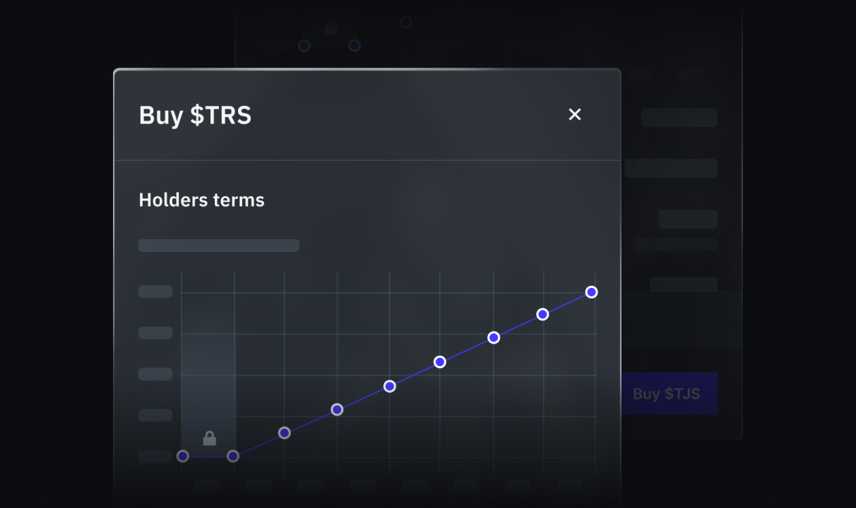 in the foreground: popup with graph of some asset and on top it says: "Buy $TRS", in the background: second part of the same popup, allows you to buy the asset