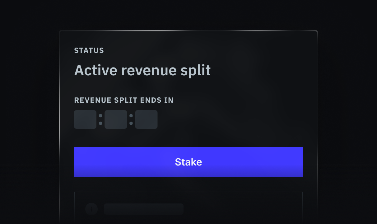 shows active revenue split popup with a counter and button with the title "stake"