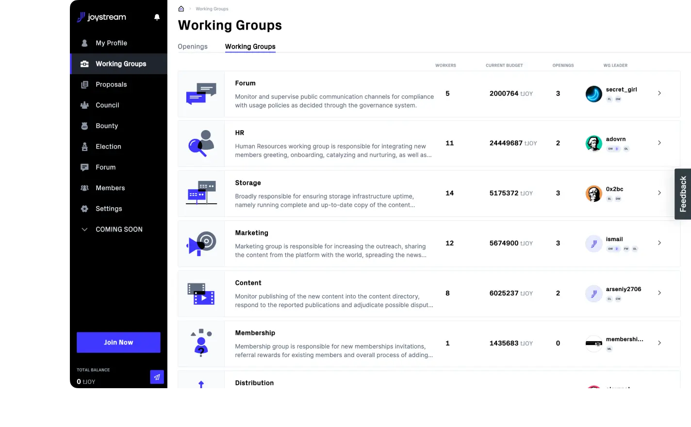 joystream governance product, open on tab working groups, outlining the currently available groups