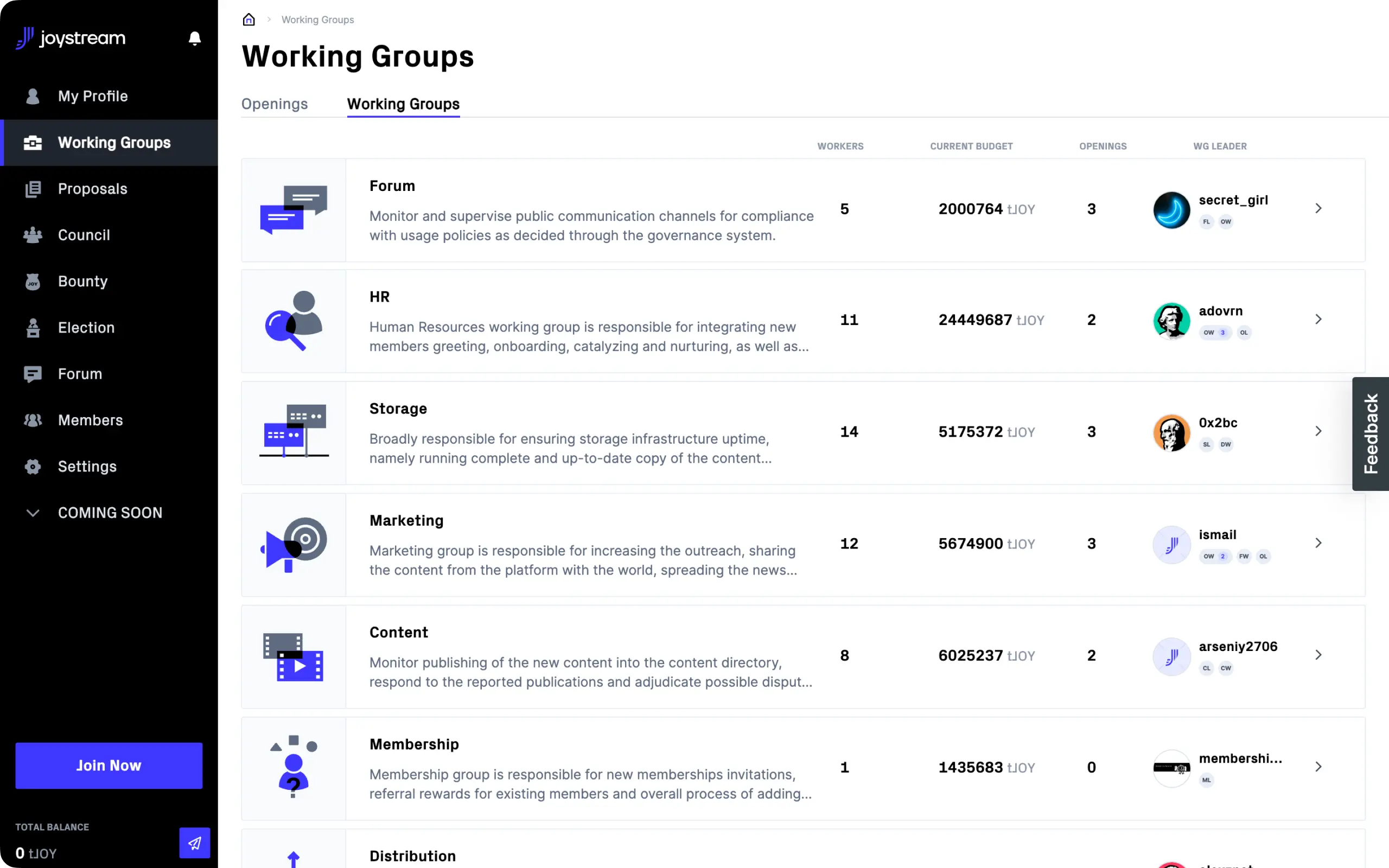 joystream governance product, open on tab working groups, outlining the currently available groups